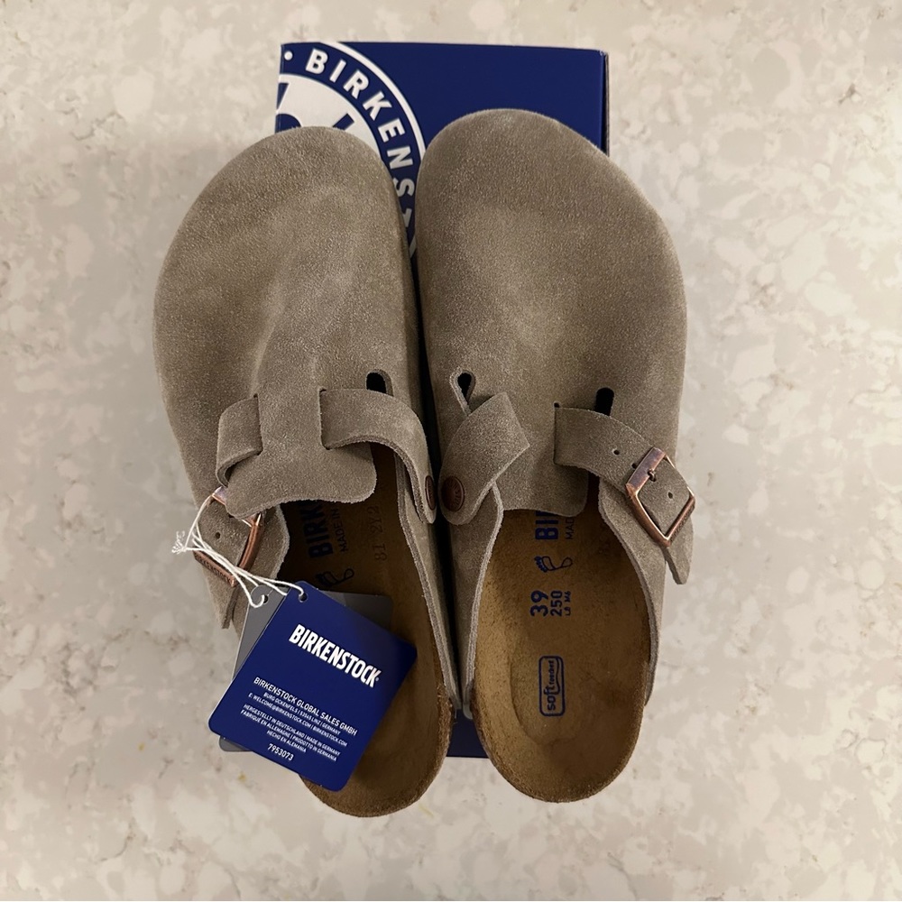NIB Birkenstock Boston Clogs Taupe Suede Sz 39 Regular Fit